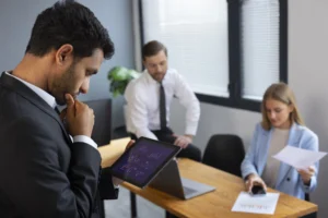 Pessoa de negócios olhando para gráficos de finanças, representando análise financeira e tomada de decisões para escolher uma empresa de BPO Financeiro confiável.
